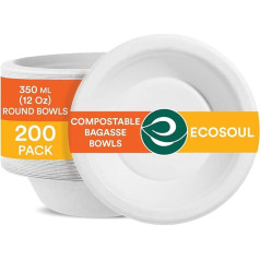 ECO SOUL Pearl White 100% kompostējami 350 ml Bagasse papīra trauki (200 gab.), bioloģiski noārdāmi, izturīgi un videi draudzīgi vienreizlietojamie trauki, vienreizlietojamie zupas trauki