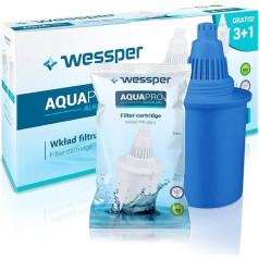 Wessper Alkalischer Wasserfilter Kartuschen 4 Stück, Wasserfilterkartusche AQUApro | Ūdens filtra kārtridži, kas paredzēti hlora un sērskābes samazināšanai | pH-vērtības uzlabošanai līdz 300 L - Blau