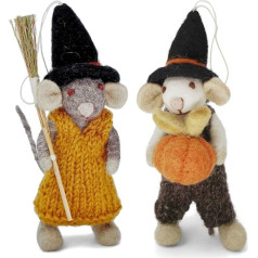 Én Gry & Sif Mice I Cute Autumn Pendants, rudens dekori, Helovīna dekori no filca, roku darbs, godīga tirdzniecība, balts ar ķirbi un pelēks ar slotu, 12 cm