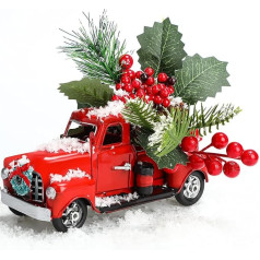 Ziemassvētku Vintage Red Truck Decor Lauku sēta Metal Pickup Truck Decor ar mākslīgo priedi un nelielu Ziemassvētku vainagu Handmade Red Metal Truck Car Model Ziemassvētkiem