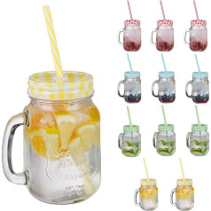 Relaxdays glāzes ar vāku un salmiņu, 12 citronādes glāžu komplekts, 500 ml, retro vasaras glāzes ar rokturi, krāsainas