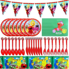 LKNBIF Sesame Street Party galda piederumi, ballīšu komplekts Sesame Street, ballīšu galda piederumi Iekļauts dzimšanas dienas rotājums Tīģeļi Krūzītes Salvetes Galdauts Salmiņi Salmiņi Dakšiņas Pantiņš Bērnu dzimšanas dienas ballīte 