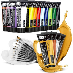 Artina Bergamo 27-Piece Acrylic Paint Set (16 x 75 ml) Including 4 Metallic Colours - Waterproof, 10 Fine Brushes + Mixing Palette, High Pigmentation, Quick-Drying Paint Set for Canvas, Wood, Paper,