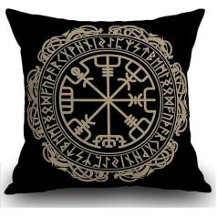 Smooffly Dekoratīvais spilvens dīvāna spilvens melns ķeltu vikingu dizains Magic Rune Compass Vegvisir in the Circle of Nordic Runes Dragon Tattoo Cushion Cover 45x45cm