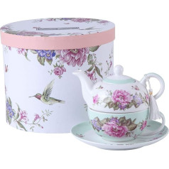 London Boutique Tea for One Teekanne/Tasse, Suacer-Set, Shaby Chic, Flora, Vogel, Rose, Schmetterling, Porzellan, Geschenkbox (Blaugrün), Keramik, 15x15cm