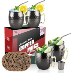 Eligara Moscow Mule Mug Copper Mug Mug kalts un roku darbs vara krūzes ar 4 glāzēm, 4 paliktņiem, 4 salmiņiem, 1 mērglāzi, alus, džina, degvīna, degvīna, kokteiļu un ūdens baudīšanai