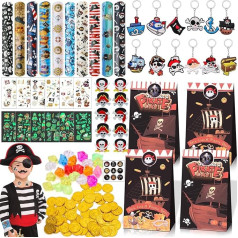 Tacobear Pack of 192 Pirāts Bērnu dzimšanas dienas svinību somas Boy viesu dāvana ar zelta monētas Atslēgu ķēde Dāvanu maisiņi Luminous Tattoo Sticker Snap rokassprādze Dod Aways bērniem