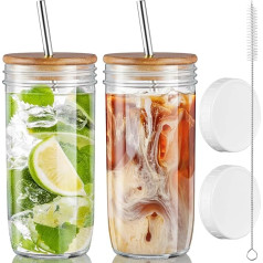 DAYYET Glasbecher-Set, 680 ml, Einmachglas-Trinkgläser mit Deckel aus Akazienholz, Strohhalme und luftdichten Deckeln, breite Öffnung, Eiskaffeetassen, Boba-Flasche, Becher für Bubble Tee, Smoothie, 2