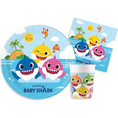 Ciao Y5061 Baby Shark for People (88 gab., 18 cm diametra šķīvji, 24 krūzes 200 ml, 40 salvetes), kompostējams papīra ballīšu piederumu komplekts, daudzkrāsains