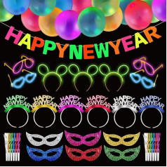 DPKOW 80+ Jaungada vakara dekorēšana 2024 Glow Sticks Party Set, Glow Sticks Buns Buns Balloons Maskas Maskas Happy New Year Headband Garland Banner Jaungada dekorēšanai 2024 Jaungada vakara ballīšu aksesuāri