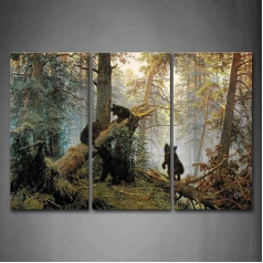 First Wall Art - Bären Spielen im Wald Leinwand Bilder Tiere Wandbild Poster 3 Panel Modern Dekorationen Für das Wohnzimmer,Büro,Küche,Badezimmer,Schlafzimmer