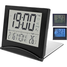 Ceļojumu modinātājs, mini galda pulkstenis, pārnēsājams klusais modinātājs, LCD digitālais pulkstenis ar fona apgaismojumu, 12/24 stundas, temperatūra, diena, datums, snaudiens, atpakaļskaitīšana, bez tikšķināšanas, melns