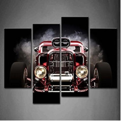 First Wall Art - Auto Leinwand Bilder Retro Rotes Auto mit Rauch auf Schwarzem Hintergrund Wandbild Poster 4 Panel Modern Dekorationen Für das Wohnzimmer,Büro,Küche,Badezimmer,Schlafzimmer