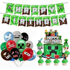 YOOYEH Minecraft dzimšanas dienas svinību rotājumi, 1 Happy Birthday Banner 12 lateksa baloni 9 kūkas rotājumi Dzimšanas dienas svinību rotājumu aksesuāri zēniem meitenēm (NTN)