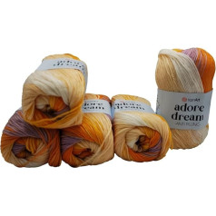 5 x 100 g YarnArt Adore dream Antipilling adīšanas dzija, daudzkrāsaina vilna, 500 g krāsu gradienta adīšanas vilnas (ceriņi, oranžs, balts, balts, dzeltens 1053)