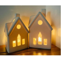 khevga Tējas gaismas turētājs Ziemassvētku laterna House White Set of 2