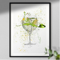 Hygge Creations Gin and Tonic Cocktail Sienas mākslas darbs A5, ievietots melnā rāmī A4