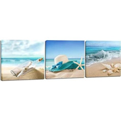 Wieco Art 3 paneļi Starfish Shell pudele Pludmales Pictures on Canvas Wall Art Modern Seascape Stretched and Framed Canvas Prints Seaview Landscape Art for Bedroom Home Office