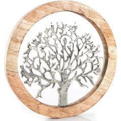 Logbuch-Verlag Tree of Life Metal Aluminium with Wooden Wall Picture for Hanging or Standing, Silver Wedding Symbol Gift 25 cm