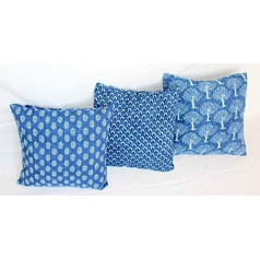 Traditionelle Jaipur Set von 3 Hand Block Print Indigo Stoff indische Kissen Kissenbezüge dekorative Throw Kissenbezüge handgefertigte Outdoor Kissenbezüge Boho Pillow Shams (18 x 18 Zoll)