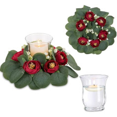 Inweder Hurricane Candle Holder with Burgundy Peonies Wreaths - 2 Pieces Wreaths Candle Holder for Pillar Candles Glass Candle Holder for Wedding, Christmas, Party, Mantle, Centrepieces for Dining