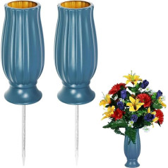 Jadin Grabvase mit Erdspieß, Grabvase, 2er Pack Gedenkvasen für Gräber, Grabdekoration aus Kunststoff mit 2 Ähren, Grabschmuck für Grabstein Grab Garten Hof, Blau, 20 x 10 cm