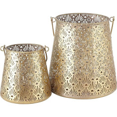 WHW Whole House Worlds Grand Tour Temple Bell Lanterns Set of 2 - Lattice Tip Pattern - Hurricanes, Gold Finish, Iron, 8.75 and 6 Inches, Loop Handles, Removable Inner Glass Sleeve