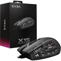 Evga X15 MMO spēļu pele, 8K, vadu, melna, pielāgojama, 16 000 DPI, 5 profili, 20 pogas, ergonomiska 904-W1-15BK-K3