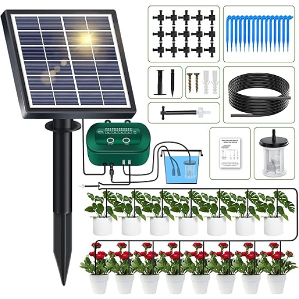 Yahamoo Solar Irrigation System 2024 Latest Drip Irrigation System, Automatic Watering System Garden with 12 Timer Modes + 15 m Hose for Garden, Balcony Plants, Outdoor Pot Plants