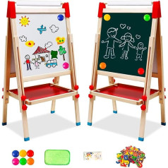 Nukied Children's Wooden Board with Paper Roll, Double-Sided Whiteboard and Board, Children's Easel with Numbers and Other Accessories for Children and Toddlers (T04)