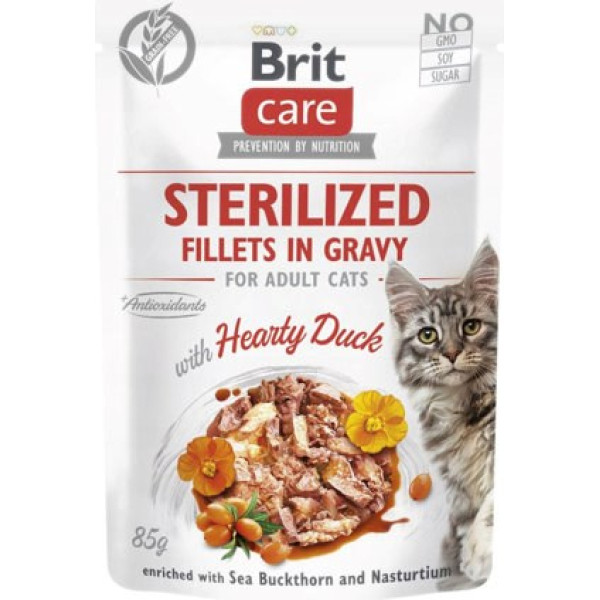 care cat sterilizēts sirsnīgs pīļu maisiņš - mitra kaķu barība - 85 g