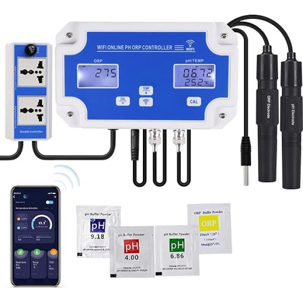 DANOPLUS Smart pH ORP kontrolieris ar attālo uzraudzību un aplikāciju dozēšanu ūdenī, PH/ORP/temperatūras mērītājs 3-in-1 ar maināmiem zondēm hidroponikai, akvārijiem un baseiniem