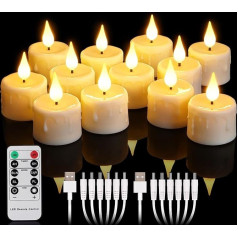 yunsheng Pack of 12 Rechargeable Tea Lights with Remote Control and 4/6H Timer, Rechargeable Flameless Flickering LED Candles with 2 USB Cables, 3D Silicone Wick, Warm White Light for Home Decoration