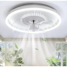 AOEH Griestu ventilatori ar apgaismojumu LED dimmable griestu gaisma ar ventilatoru 6 vēja moderns apaļš kluss ventilators Griestu gaisma ar tālvadības pulti 52 W balts griestu ventilators guļamistabai Dzīvojamā istaba 50 cm