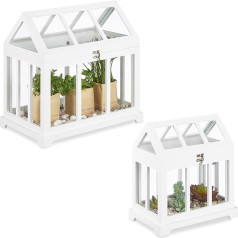 Relaxdays Mini Greenhouse, Set of 2, for Windowsill, Indoor Greenhouse, Glass and MDF, Herbs, Flowers, 2 Sizes, White, 37 x 37.5 x 24 cm