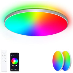 Oraymin Pack of 2 LED griestu gaisma ar tālvadības pulti, 24 W 16 miljonu RGB krāsu maiņas viedā LED griestu gaisma, ko var kontrolēt, izmantojot lietotni, griestu apgaismojuma diametrs 30 cm, lampa dzīvojamai istabai