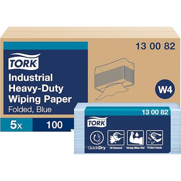 Tork 130082 Extra Starke Industrie Papierwischtücher für W4 Einzeltuch System / 3-lagige Wischtücher in Blau / Premium Qualität / 500 Papiertücher / 38,5 x 32,4 (B x L)