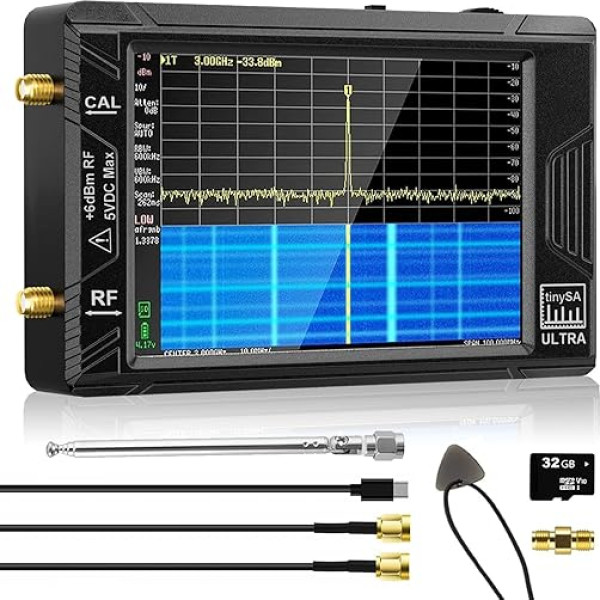 2023 TinySA Ultra spektra analizators, 100 kHz - 5,3 GHz rokas frekvenču analizators, 4 collu sensitīvs skārienjūtīgais skārienjūtīgais ekrāns, 2-in-1 signālu ģenerators, 100 kHz līdz 800 MHz ieeja, 32 GB SD karte, ESD aizsardzība