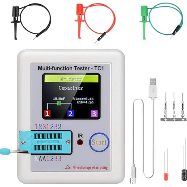 Tranzistoru mērītājs, LCR-TC1 daudzfunkcionāls testeris, kapacitātes pretestības ESR testeris, 1,8 collu pilnkrāsains displejs, diodes triodei, kondensatoram, rezistoram, tranzistoram, LCR, ESR, NPN, PNP, MOSFET