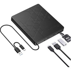 Apkezel ārējais CD DVD disks, USB 3.0 Type-C CD DVD +/-RW optiskais ierakstīšanas mehānisms, ārējais DVD disks ar USB un SD/TF visiem PC portatīvajiem datoriem, Windows 10/8/7/XP/Vista/Linux/MacOS