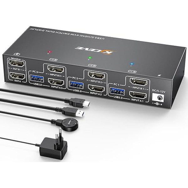 USB 3.0 HDMI KVM slēdzis 3 PC 2 monitoriem, EDID emulators, 4K @ 60Hz Extended Display, HDMI 2.0, divu monitoru KVM slēdzis 3 PC, koplieto bezvadu tastatūru, peli, printeri, ar vadu pulti un 5 kabeļiem