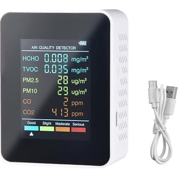 Gaisa kvalitātes detektors, gaisa kvalitātes mērītājs, 6-in-1 CO2, PM2.5, temperatūras un mitruma, TVOC, PM10 gaisa kvalitātes monitors, LCD displejs, reāllaika mērījumu vērtība, piemērots birojam, ģimenei