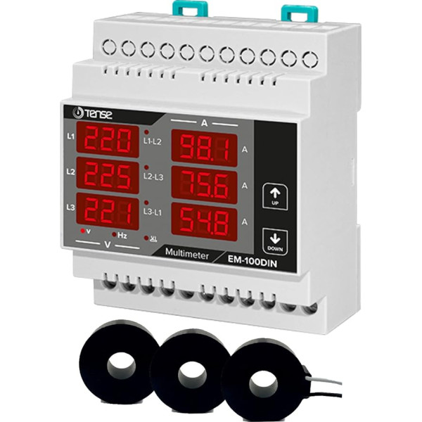 Tense Elektronik EM-100DIN digitālais multimetrs strāvas (1A-100A), sprieguma un frekvences mērīšanai trīsfāzu tīklos, DIN sliedēm vai 