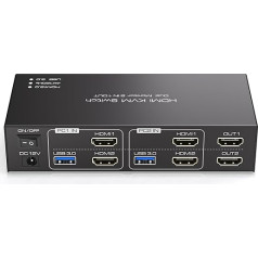 TJCXELE 4K120Hz HDMI KVM slēdzis 2 datoru 2 monitoriem USB 3.0 KVM slēdzis 2 monitoriem 2 datoru koplietošanai ar 2 monitoriem un 4 USB pieslēgvietām, DC 12V/1A adapteri un galddatora kontrolieri