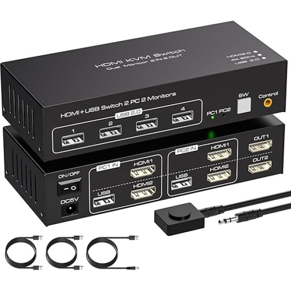 VPFET HDMI KVM slēdzis 2 datoru 2 monitoriem 4K60Hz Divu monitoru KVM slēdzis 2 datoriem ar 4 USB 2.0 atbalstu, kopēšanas un pagarināšanas režīmiem ar iebūvētu vadību un 2 USB 2.0 kabeļiem