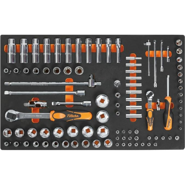 Beta M100 instrumentu komplekts putuplasta ieliktnī (98 gab.) Sešstūra atslēgas 1/2 collas, 1/4 collas, 3/8 collas, dažāda izmēra un pagarinātāji, reversējamais reverss 1/2 collas, 1/4 collas un daudz ko citu), melns/apelsīnu krāsā.