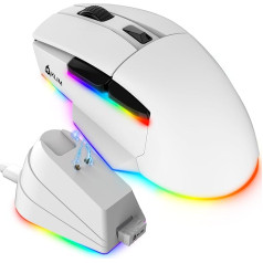 KLIM Blaze X RGB + uzlādējama bezvadu spēļu pele ar lādēšanas staciju + ilgi kalpojošs akumulators + līdz 12000 DPI + vadu un bezvadu pele PC, PS5, PS4, Mac + balta krāsa