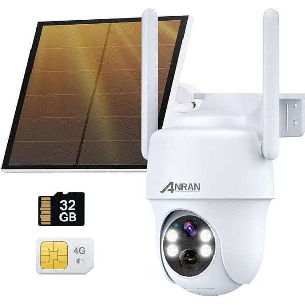 ANRAN 2K HD 3G/4G LTE novērošanas kamera ārtelpai ar akumulatoru, SIM karti + 32GB SD karti, 360° pagriežama bezvadu novērošanas kamera ārtelpai bez WiFi, saules kamera ārtelpai ar krāsainu nakts funkciju