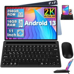 11 collu Android 13 planšetdators ar 16 GB RAM + 256 GB ROM (1 TB TF), 2K 2000 x 1200 IPS, 4 skaļruņi, 3 kameras, GPS, 5G Wi-Fi, 18 W ātrā uzlāde, 8600 mAh, Octa-Core, ar tastatūru + peli + futrālis, zils