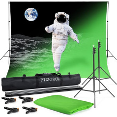 PIXETOOL Green Screen (3 m x 3 m) with Stand (2.6 m x 3 m) - Photo Background - Photo Studio Set - Green Screen - Background Fabrics - Tripod - 4 Clips - Gaming Streaming Photography Accessories